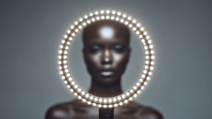 Black female model with smooth skin is positioned behind a circular LED ring light, creating a striking visual effect with a blurred background during a photography session