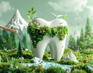 A large, healthy tooth, surrounded by lush greenery, with a mountain range backdrop, and a flowing stream, promoting oral and environmental health