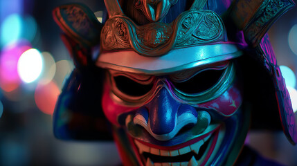 Neon samurai mask closeup