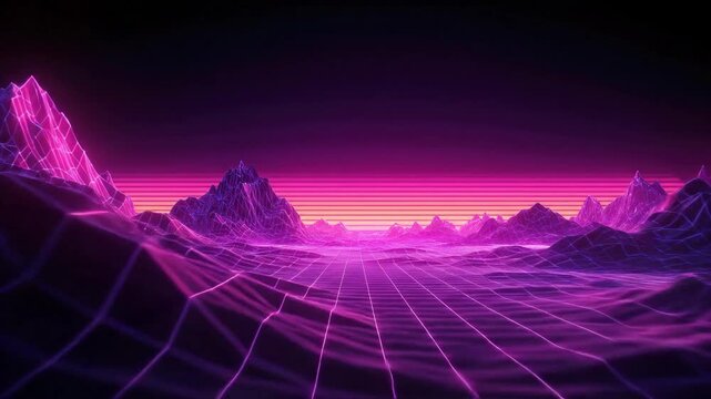 Retro 80s synthwave landscape with neon grid, wireframe mountains and glowing purple sunset