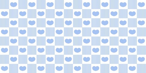 Naklejka premium Light blue and white heart checkerboard pattern. Fresh aesthetic background for baby boy nursery, romantic stationery, and nautical Valentine decor.