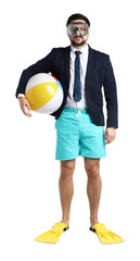 Office worker with inflatable ball, diving mask and flippers on white background © New Africa