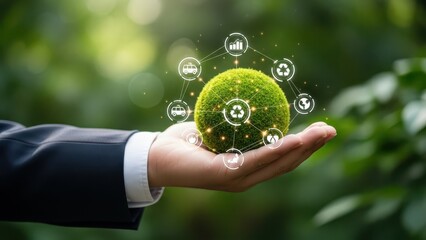 Innovative Ideas for a Sustainable Future Represented by a Green Globe in a Hand Showcasing Eco-Friendly Symbols