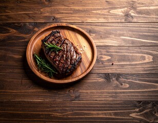 High angle view of a rustic wooden table with a grilled ribeye steak on a wood plate, garnished with a sprig of rosemary. Leave room in the background for additional text or graphics.