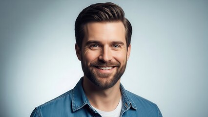 Obraz premium Bright Smile of a Young Man in Casual Attire Under Soft Lighting in a Relaxed Setting