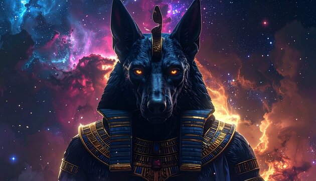 A majestic, Egyptian-inspired creature with dog-like features, illuminated by cosmic energy. It has glowing eyes