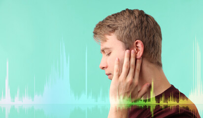 Young man and sound waves near his ear on turquoise background. Space for text
