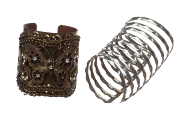 Fashion brass bangle bracelet with beautiful work detail is value. Luxury brass metal bangle bracelet is fashion trend and fly in air. White background isolated