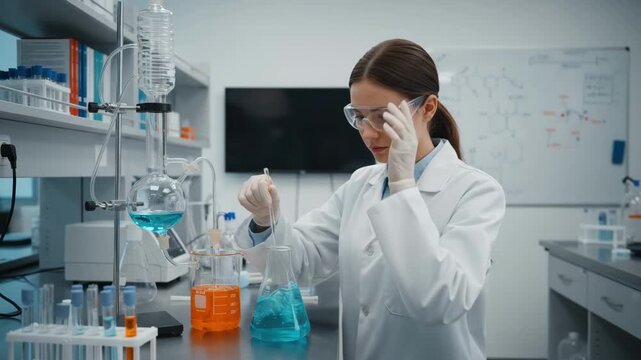 Medium shot of scientist mixing chemicals in lab exploring synthetic borate substitutes for industrial applications focusing on innovation and sustainability.