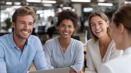 Smiling group of young professionals engaged in discussion, showcasing teamwork and collaboration in modern office environment