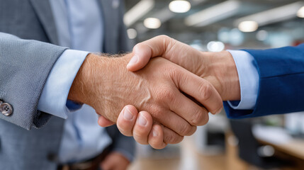 Two business professionals shaking hands in office setting, symbolizing agreement and partnership