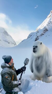 man in winter gear holding microphone up to a large white furry yeti creature in snowy mountain landscape under a bright blue sky