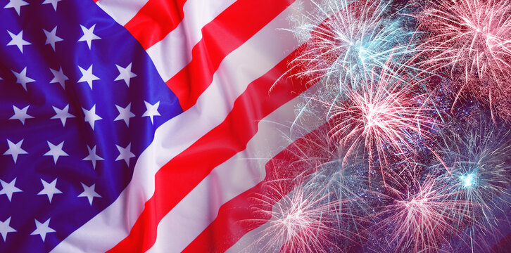 USA flag and fireworks. National holiday greeting card design