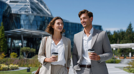 Business woman and man walking together outdoors, enjoying coffee, with modern building in background, exuding confidence and professionalism