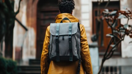 A man wearing a yellow jacket and carrying a backpack