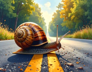 A large, iridescent snail traverses a long asphalt road flanked by golden-leafed trees under a bright blue sky
