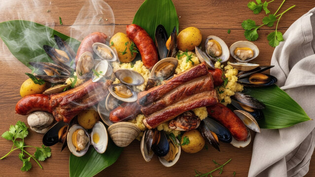 Traditional Curanto Al Hoyo Seafood Platter Flat Lay On Rustic Table