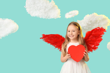 Fototapeta premium Cute little girl dressed as cupid with gift box and clouds on blue background. Valentine's Day celebration
