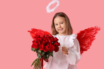 Fototapeta premium Cute little girl dressed as cupid with bouquet of beautiful rose flowers on pink background. Valentine's Day celebration