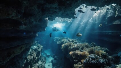Obraz premium Underwater Cave with Sun Rays and Coral Reef.