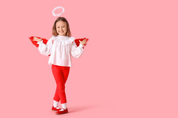 Fototapeta premium Cute little girl dressed as cupid on pink background. Valentine's Day celebration