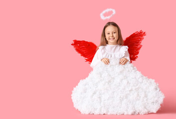 Fototapeta premium Cute little girl dressed as cupid with cloud on pink background. Valentine's Day celebration