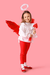 Fototapeta premium Cute little girl dressed as cupid with arrow on pink background. Valentine's Day celebration
