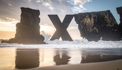 A large letter "X" shape stands between two rock formations on a beach, waves crash