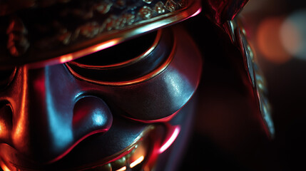 Neon samurai mask closeup