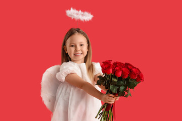 Fototapeta premium Cute little girl dressed as cupid with bouquet of beautiful rose flowers on red background. Valentine's Day celebration