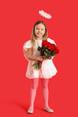 Fototapeta premium Cute little girl dressed as cupid with bouquet of beautiful rose flowers on red background. Valentine's Day celebration