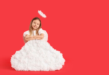Fototapeta premium Cute little girl dressed as cupid with cloud on red background. Valentine's Day celebration