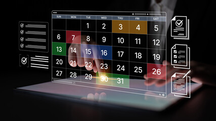 A digital calendar interface for business planning and organization. Used for scheduling events, managing tasks with checklists, and tracking important deadlines. Fermion