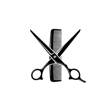 Black and white illustration of crossed scissors and comb.