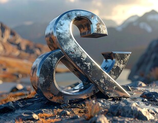 A large, metallic ampersand rests on rocks with a blurry mountain range background. The symbol has a tarnished texture
