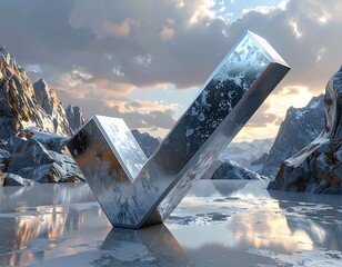 A large, metallic checkmark stands frozen in a landscape of snow-capped mountains and reflective water, under a dramatic sky