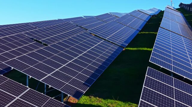Rows of gleaming solar panels stretch across a vibrant green hillside under a clear blue sky, capturing sunlight to generate renewable energy and promote eco-friendly practices.