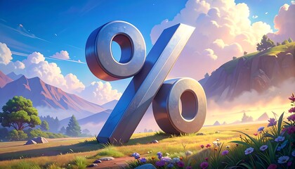 A large, metallic percentage symbol stands in a vibrant field under a cloudy, blue sky with mountains in the background