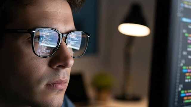 Focused Software Engineer Analyzing Code with Screen Reflection and Copy Space
