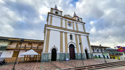 Carolina del Principe, Antioquia - Colombia. December 29, 2025. Catholic church, located in the town's main park.
