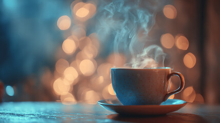 Obraz premium A steaming cup of coffee on a wooden table, surrounded by soft bokeh lights, creating a cozy atmosphere.