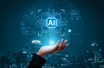 A futuristic AI core processor and system analytics dashboard. This concept highlights the raw processing power of AI for deep data analysis, system diagnostics, and global network monitoring. Fermion