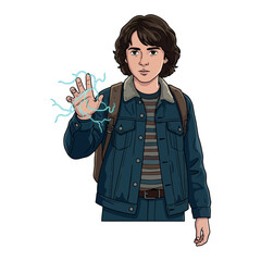 Digital illustration of a Will Byers from Stranger Things with glowing blue energy or lightning emanating from his hand. Science fiction or supernatural power concept.