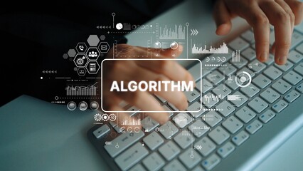 Close-Up View of Hands Typing on Keyboard with Algorithm Graphics and Data Visualizations Overlay. Asymptotic smart data analytic.