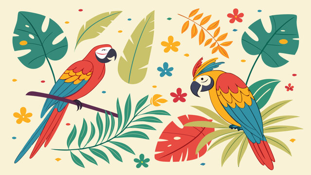 Seamless vector illustration of a cute colorful macaw parrot on a tropical jungle tree branch with exotic flowers in a nature-inspired pattern design