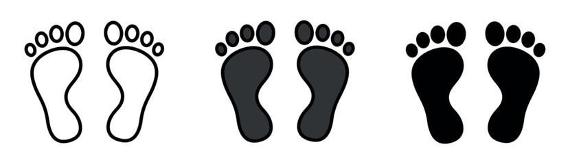 Pair of human feet imprints set in outline, dark grey, and solid black. Simple walk or step concept illustration.