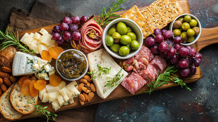 An exquisite charcuterie board featuring assorted cheeses, meats, olives, and fresh fruits for delightful snacking.