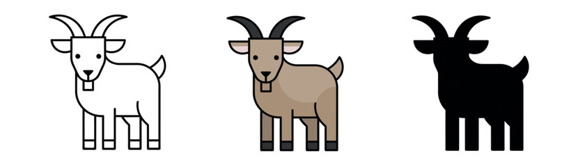 Front-facing goat icons in three styles: clean outline, colored beige and tan, and a solid black silhouette. Friendly farm animal graphics.