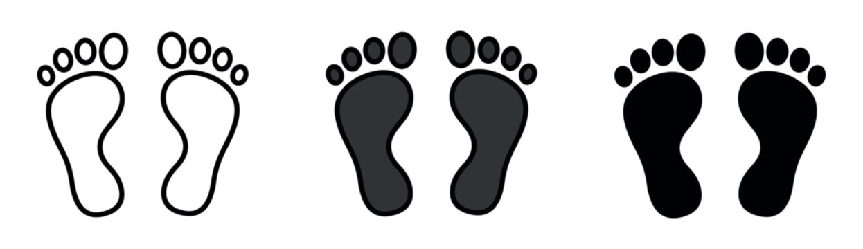 Pair of human feet imprints set in outline, dark grey, and solid black. Simple walk or step concept illustration.