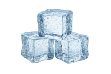 Three clear ice cubes stacked with visible bubbles and condensation, slightly melting on a transparent background, conveying cold refreshment and beverage cooling